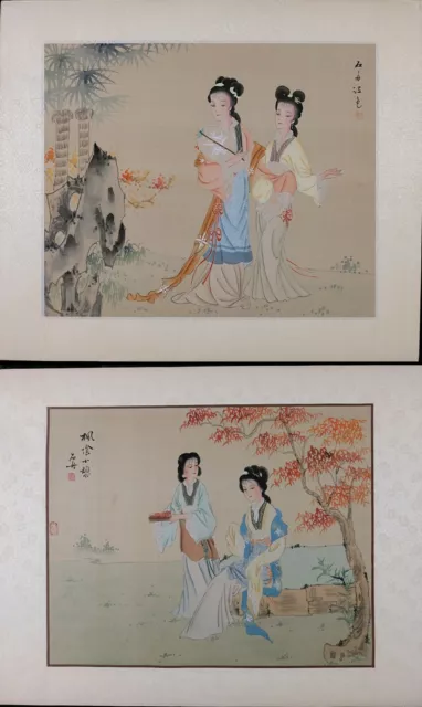 Set of Oriental Art, Vintage Watercolor on Silk Paper, A Princess of Old China