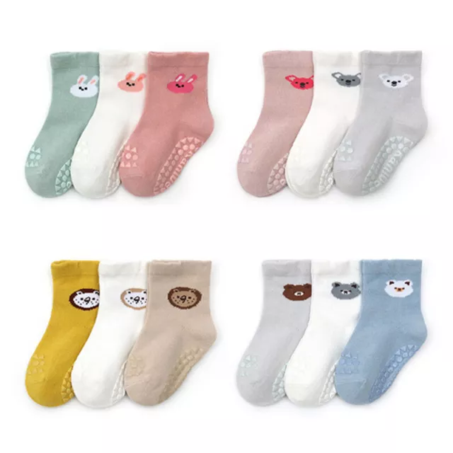 3PAIRS Baby Boys Girls Non Slip Socks Toddlers Kids Cute Cotton Floor Socks Set