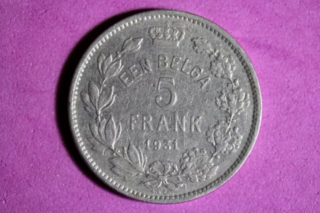 1931 Belgium Dutch Text 5 Francs Nickel Coin #M19976