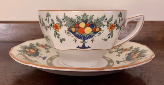 Crown Ducal Ware England A1476 Cup and Saucer Blue Urn Fruit - Vintage 1920’s 2