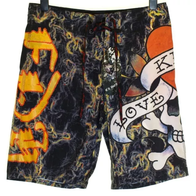 Bnwt Men's Authentic Ed Hardy Board Swim Surf Shorts Smoking Love New Black