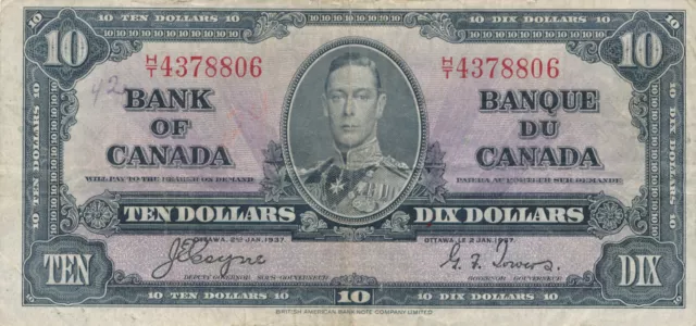 1937 Canada Banknote Coyne Towers $10 Dollars Banknote F