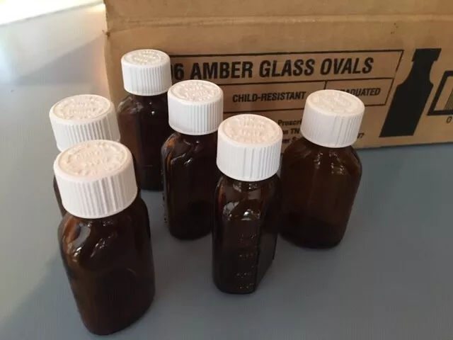 Lot Of 6  Amber  1 Oz  Glass  Liquid Medicine Bottles With Safety Tops Brand New