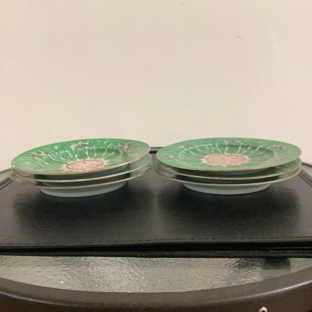 6 Antique  Chinese Export Porcelain Plate Green Cabbage Leaf Butterfly Gilt
