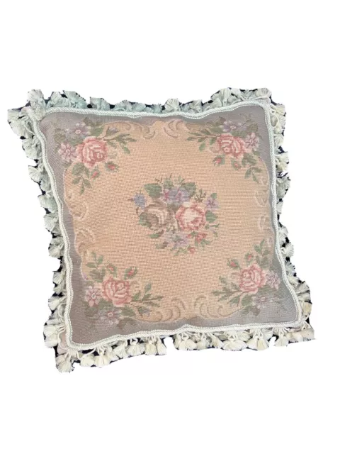 Vintage GORGEOUS 20" x 20" Bouquet Rose Floral French Petite Needlepoint Pillow