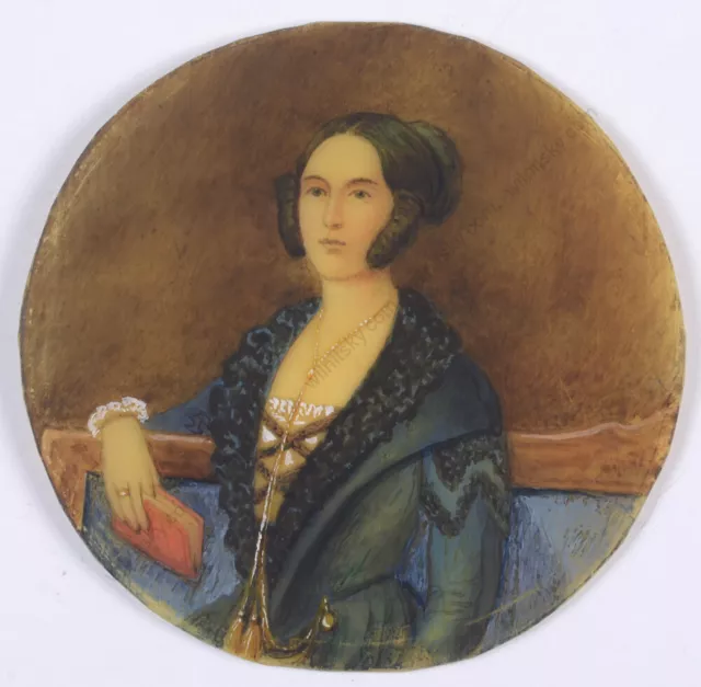 "Portrait of a lady in green coat", Italian miniature, late 19th century