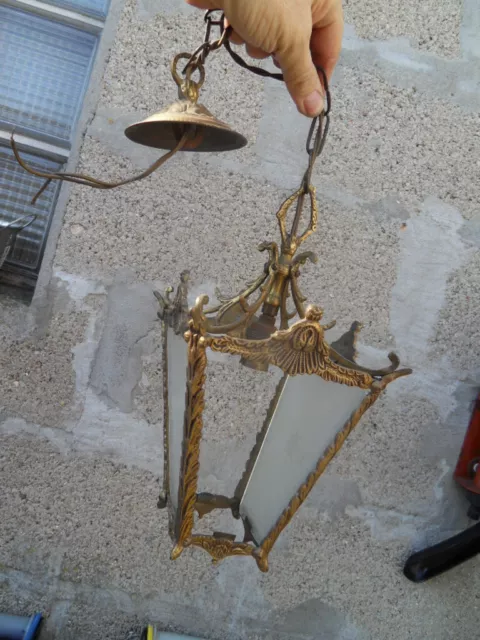 Lampe Suspension LUSTRE PLAFONNIER LANTERNE 4 faces en bronze verre opaque