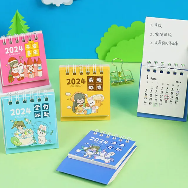 2024 Mini Desktop Calendar Cute Cartoon Girls Rabbits Desktop Coil Calen^:^