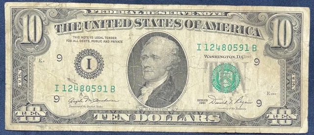 Rare 1981 Ten Dollar Bill - $10 - Green Seal, Small Face, United States Note