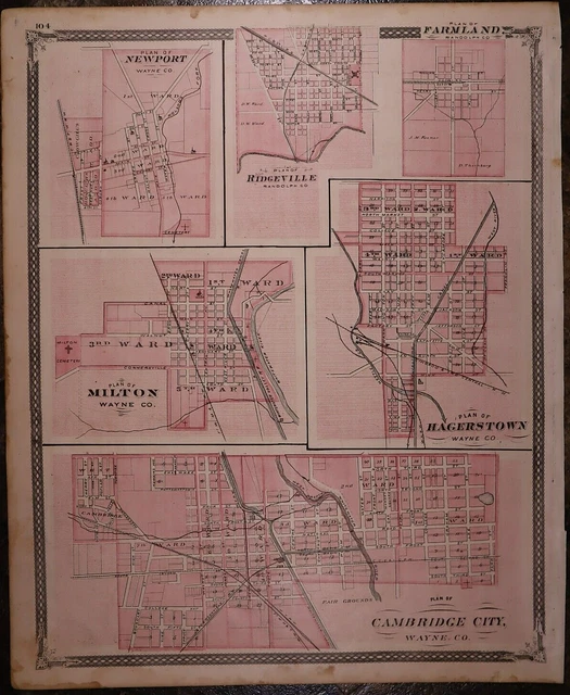 1876 PLAT MAP NEWPORT, CAMBRIDGE CITY, HAGERSTOWN, INDIANA / Local