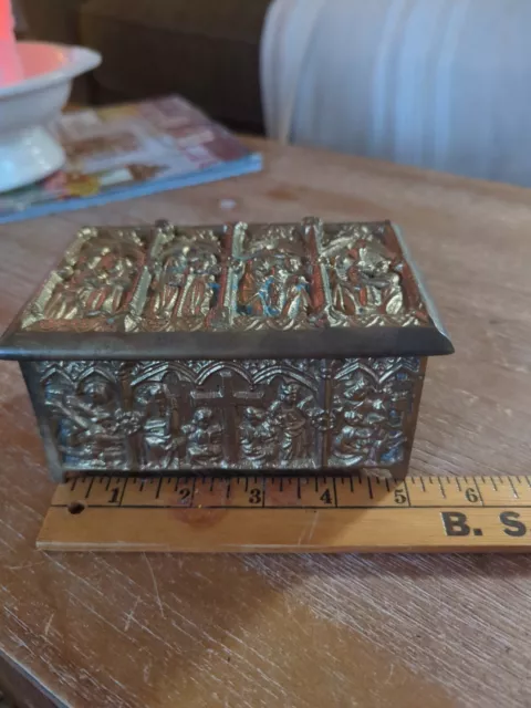 Antique 19th cent Gothic  holy bronze  box  crusades  casket 5 by 3