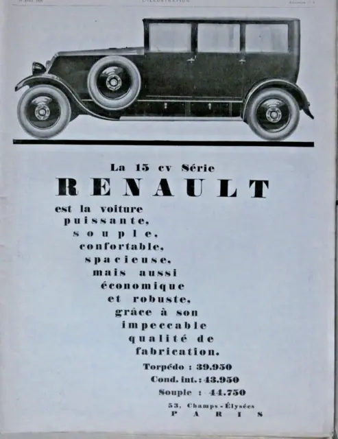 Publicité De Presse 1926 Automobiles Renault 15 Cv Torpédo Série 43.950