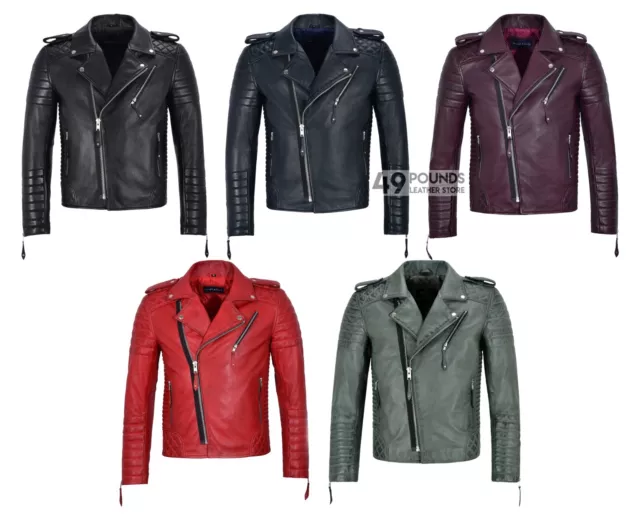Brando Men's Real Soft Leather Jacket Biker Style Red Quilted Slim Fit 2250
