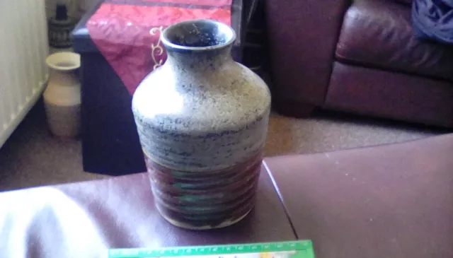 Vintage Studio Pottery Bottle Vase Speckled Green & Ribbed Brown Glaze. 14cm Tal