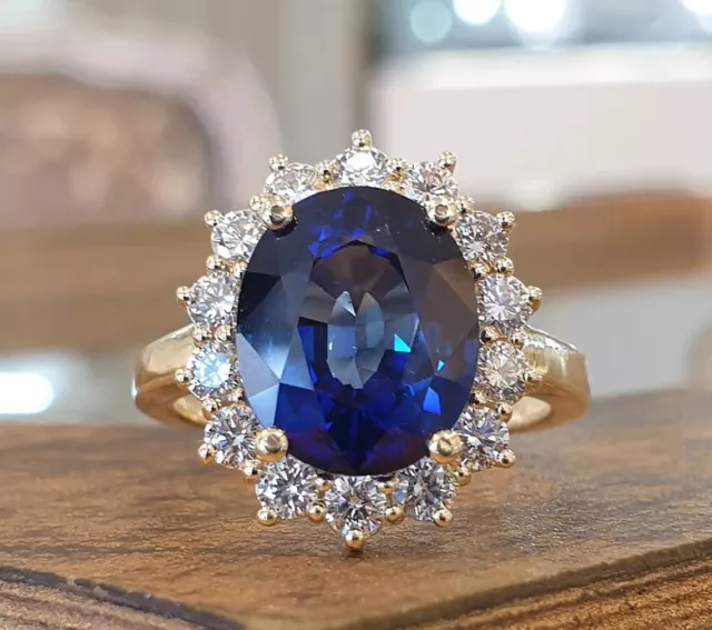 7.60 Ct Natural Sapphire & Diamond Princess Diana Ring Real 14K Yellow Gold 7 8