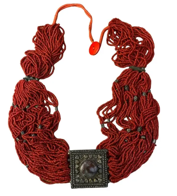 Vintage HM Red Multi Strand Tibetan  Coral Silver Agate Belt Sash Necklace EUC