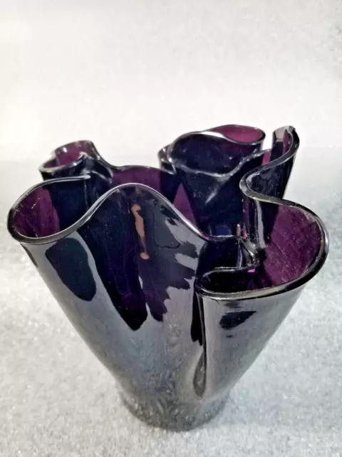 Deep Purple Art Glass Swirl Folded Handkerchief Vase, 7" High