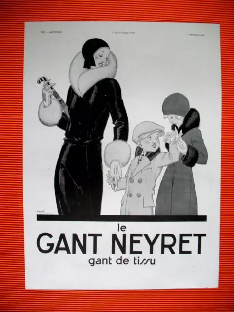 PUBLICITE DE PRESSE NEYRET GANT DE TISSU ILLUSTRATION RENé VINCENT AD 1931