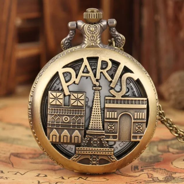 Bronze Paris Tower Design Sweater Chain Quartz Pocket Watch Unisex Souvenir