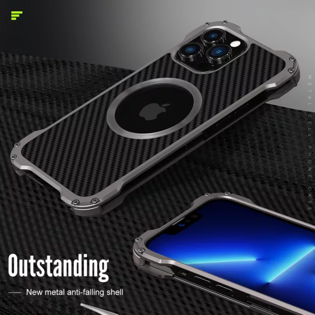 For iPhone 15 Pro Max 14 13 12 Shockproof Armor Aluminum Metal Carbon Fiber Case