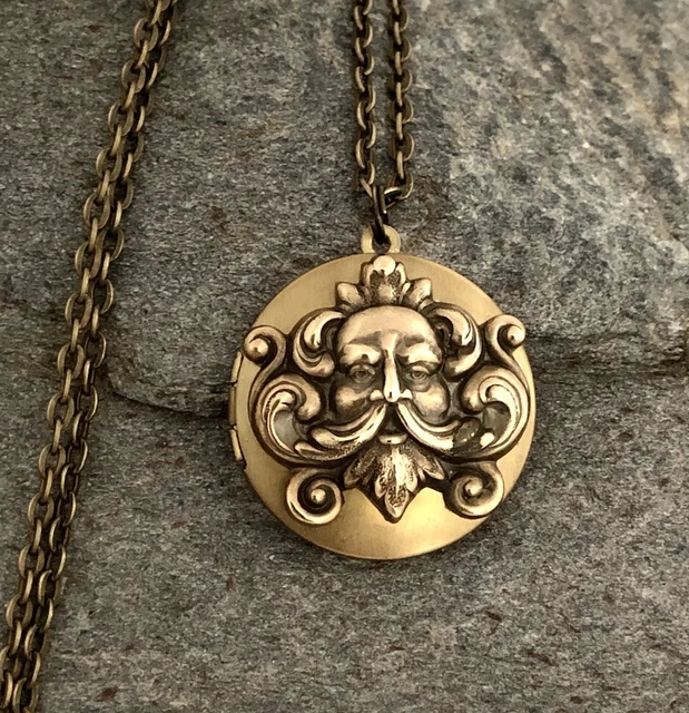 Green Man Locket Necklace Mystic Celtic Rebirth Wicca Vtg Pill Stash Box Pendant