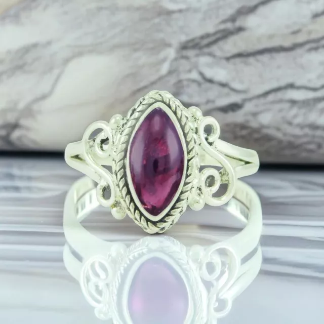 Handcrafted 925 Sterling Silver Marquise Ring with Garnet Gemstone Jewelry