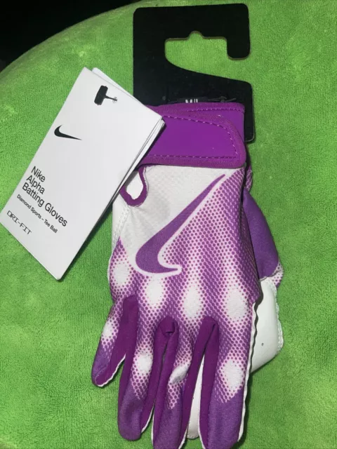 Nike Alpha Batting Gloves Dri-Fit Tee Ball Youth M/L M-G White/Purple NWT🔥