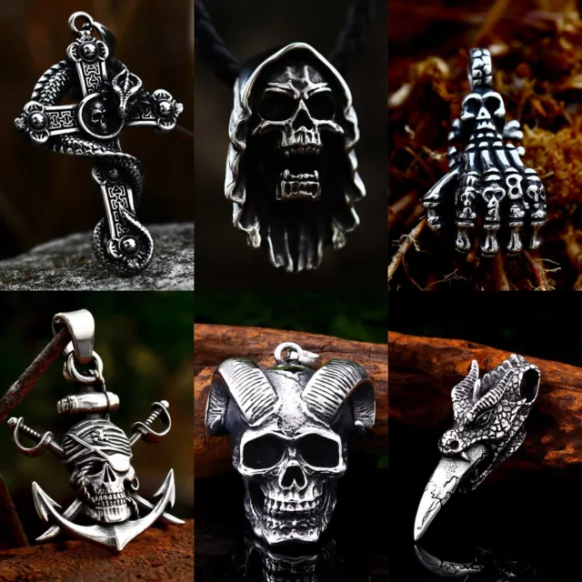 Men's Punk Retro Silver Skull Pendant Necklace Gothic Rock Jewelry Chain 24"