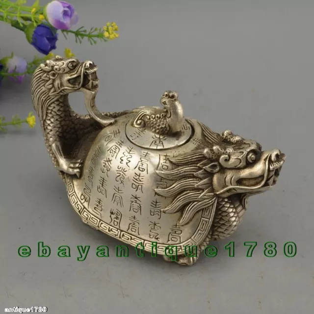 Collectables! Dynasty Decorated Old Tibet Silver Carved Dragon Tortoise Tea Pot