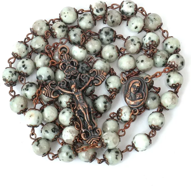 Dalmatian Jasper  Natural Stone Rosary Beads Necklace Holy Soil & Cross Crucifix