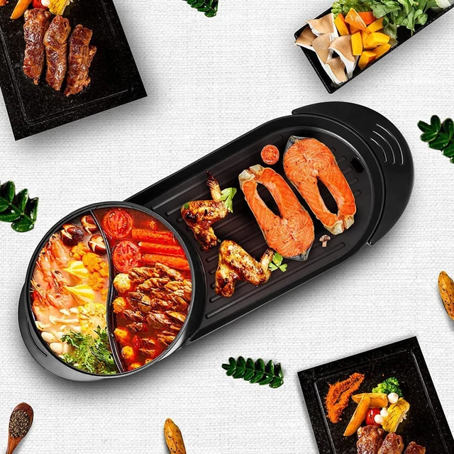 VEVOR PC-8002 2in1 barbecue elettrico hot pot griglia 2200 W 67x28x17 cm nero