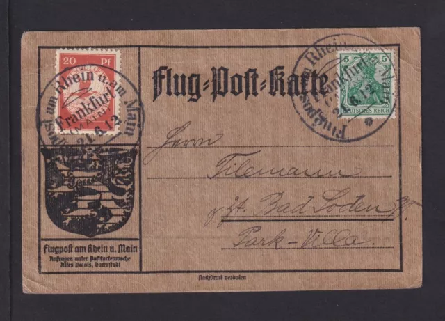 1912 - 20 Pf. Flugpost (II) + 5 Pf. Germania, Flugkarte ab Frankfurt (22081983)