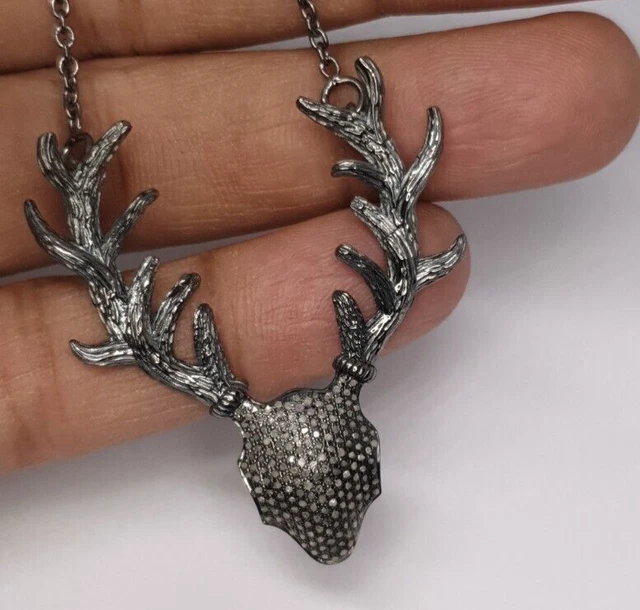 Ciervo Asta Collar para Unisex Adulto 925 Plata de Ley Pavé de Diamante Colgante