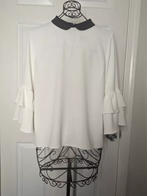 CeCe Women's Blouse Ivory Color with Black Collar 3/4 Ruffle Sleeves Size L