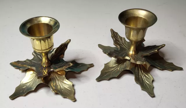 Vintage Solid Brass Christmas  Candle Holders Pair Holly Leaf Poinsettia