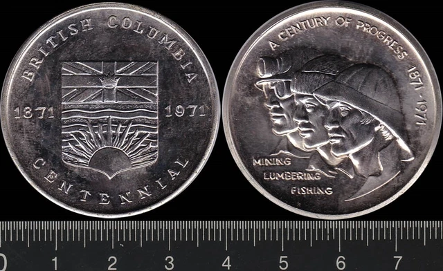 Canada: 1971 British Columbia Centenary Commem medal Mining Lumbering Fishing