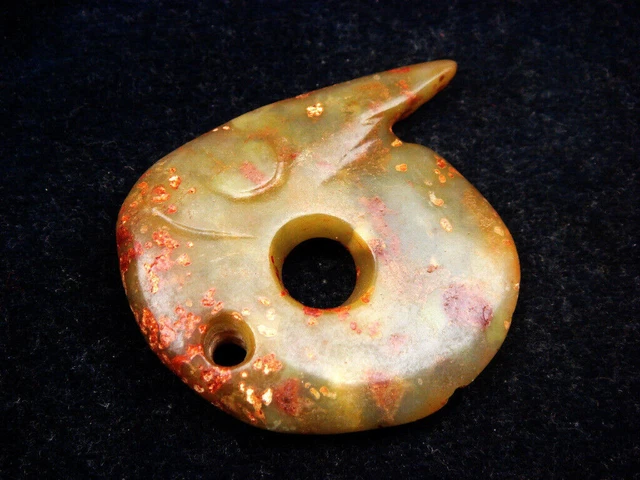Old Nephrite Jade Stone Carved HongShan Culture Monster Head w/ Horn  #10312307