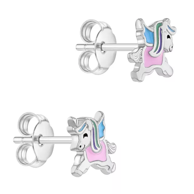 Unicorn En Vol Enfants/Enfants/Filles Boucles D'Oreilles Émail - Argent Sterling 2