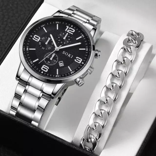 2pcs Silver Quartz Watch with Stainless Steel Bracelet for Men Business Fashion