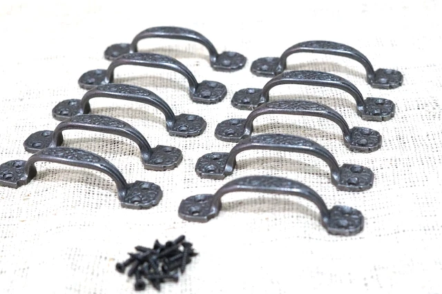10 Small Drawer Pulls 4 1/4" Window Antique Vintage Style Ornate Cast Iron Grasp