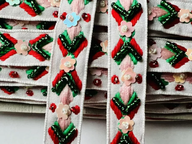 Vintage Beaded Sequin Embroidered Jacuard Ribbon Trim 16mm Red Pink Green White