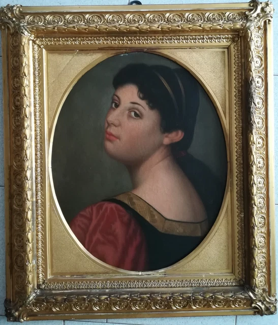 Quadro Dipinto Antico ritratto ragazza olio tela legno cornice xix s. Grande