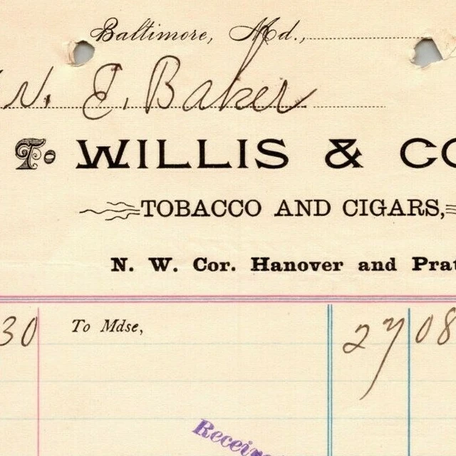 1898 Letterhead Billhead Willis & Co. Tobacco Cigars Baltimore Ephraim Baker*