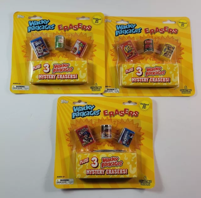 Lot of 3 Packs of Topps Wacky Packages Erasers - New Unopened - 2011 - 18 Total
