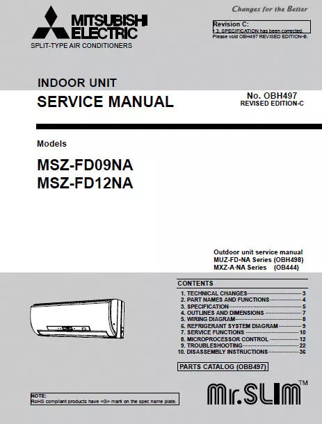 Mitsubishi Msz-Fd09Na Msz-Fd12Na Service Manual Book In English Air Conditioners