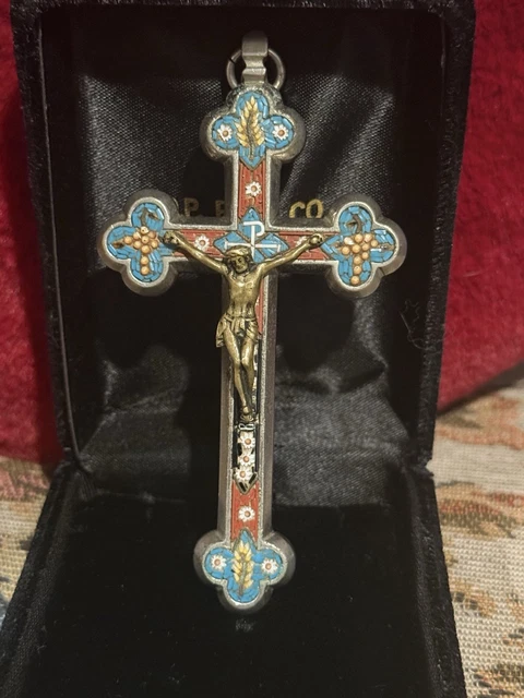 Pendentif Crucifix Vintage En Micro-Mosaïque Stocker - Bronze Et Céramique - Occasion Très Bon État