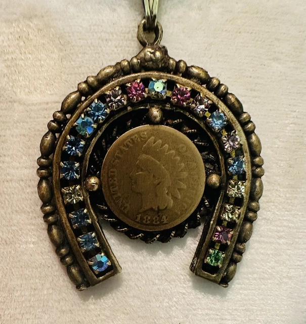 1884 INDIAN HEAD PENNY HORSESHOE PENDANT w/Rhinestones  Orig Box. Jewels By Rio