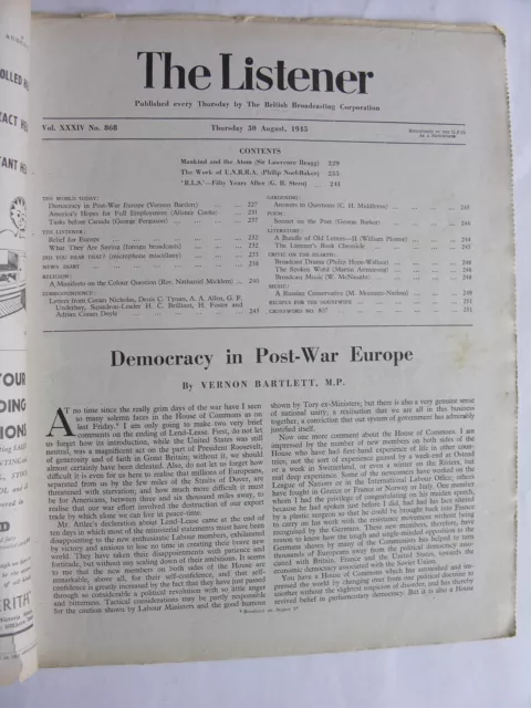 THE LISTENER August 30 1945 UNRRA Lawrence Bragg Atomic Energy R.L. Stevenson