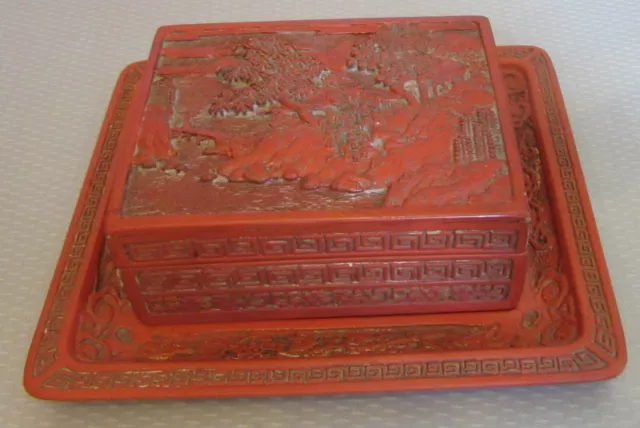antique Chinese carved CINNABAR BOX & TRAY 3p set 7"x8" old Asian red lacquer