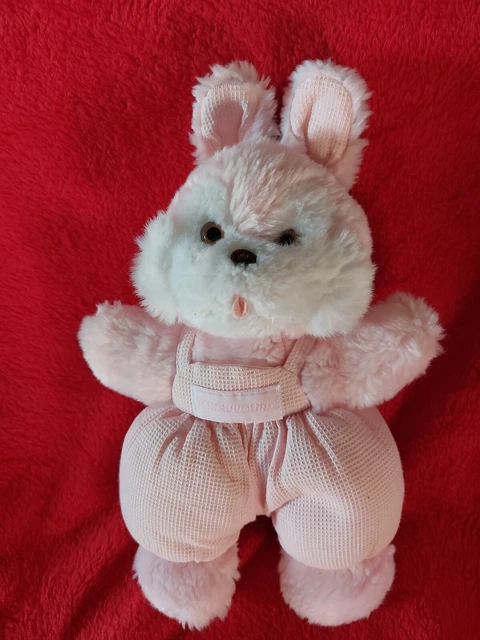 Doudou Peluche NOUNOURS Lapin Grelot Rose Blanc Salopette Gauffré